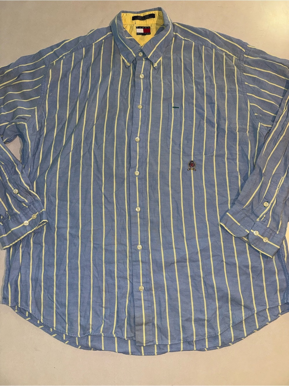 Vintage Tommy Hilfiger Men’s Shirt XXL Preppy Blue Stripe Yellow 90s